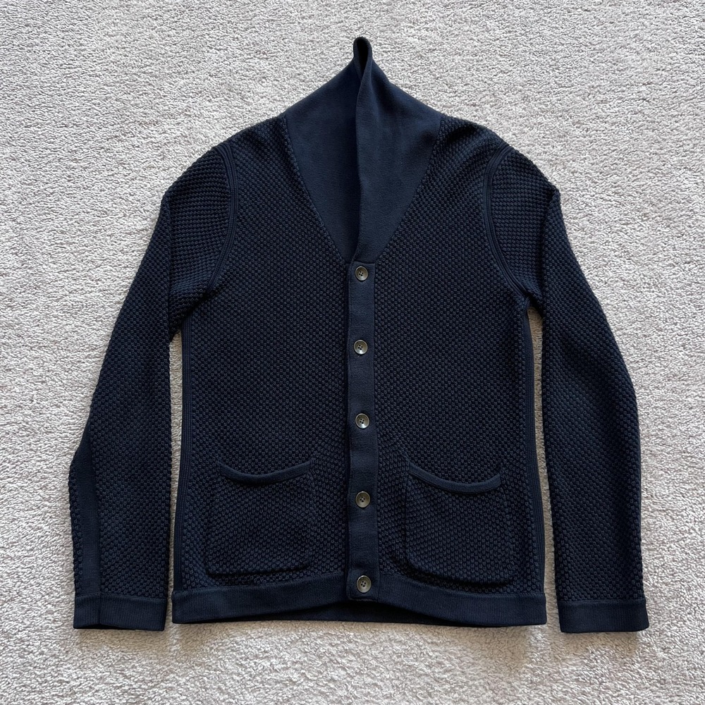 Rag & Bone Shawl Collar Cardigan Sweater Mens M Navy Blue Waffle Knit Pockets